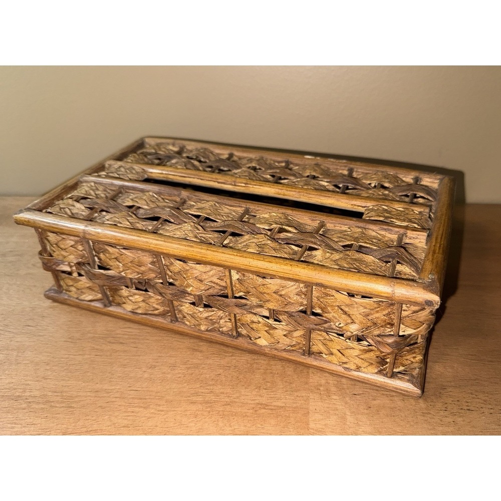 Vintage Woven Wicker Bamboo Tissue Box Cover Rectangular Boho Rattan Holder